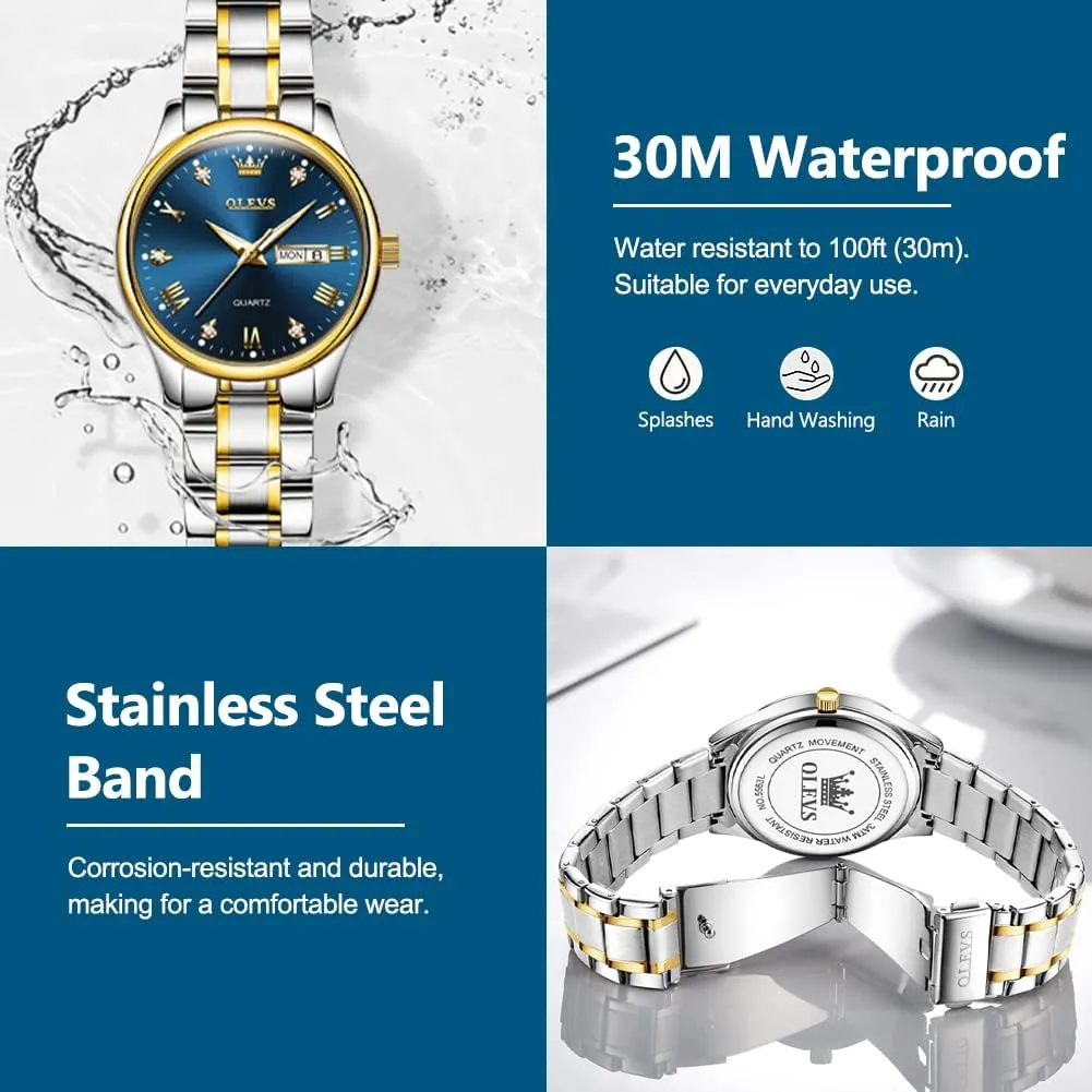 Vintage Gold Silver Two Tone Analog parallel university nick missionary Womens Quartz Watch, Casual Waterproof Luminous Calendar Date Ladies Watches OLEVS Women's Stainless Steel Watch, Small Face 