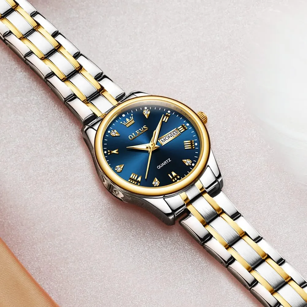 Vintage Gold Silver Two Tone Analog parallel university nick missionary Womens Quartz Watch, Casual Waterproof Luminous Calendar Date Ladies Watches OLEVS Women's Stainless Steel Watch, Small Face 