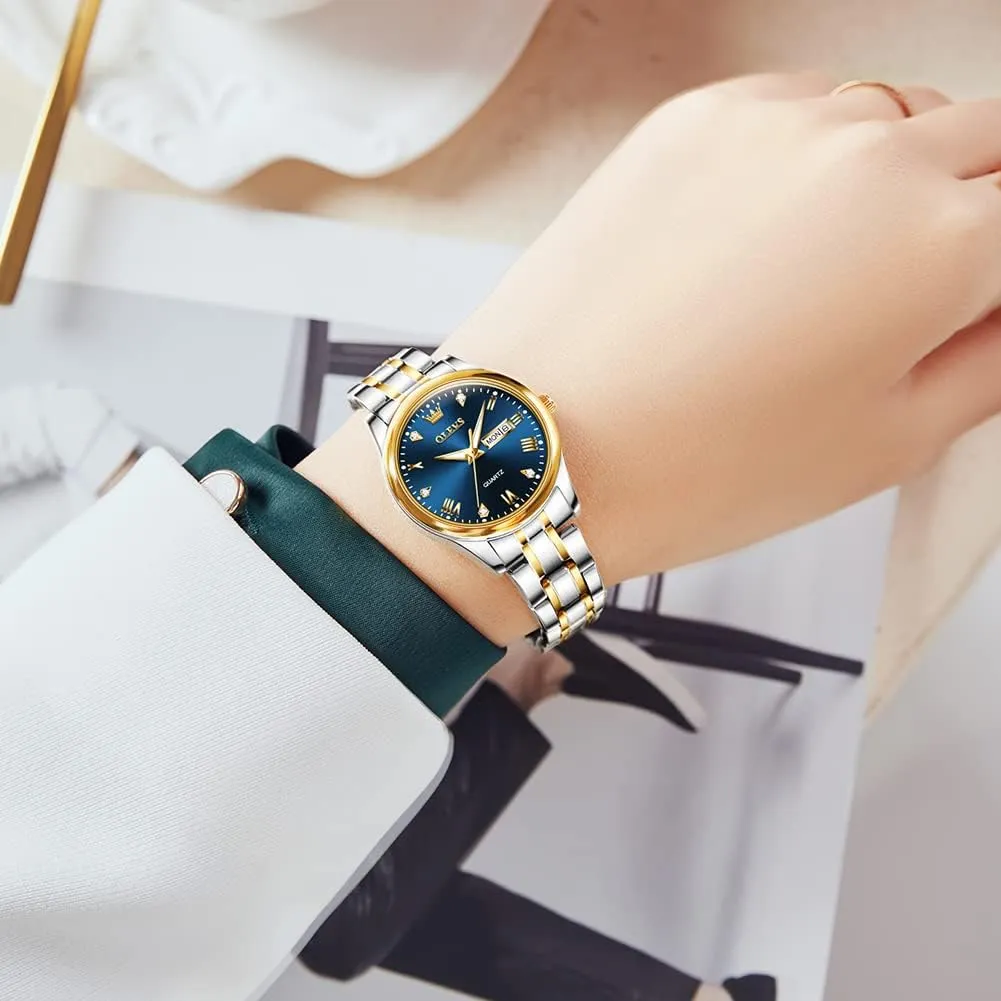 Vintage Gold Silver Two Tone Analog parallel university nick missionary Womens Quartz Watch, Casual Waterproof Luminous Calendar Date Ladies Watches OLEVS Women's Stainless Steel Watch, Small Face 