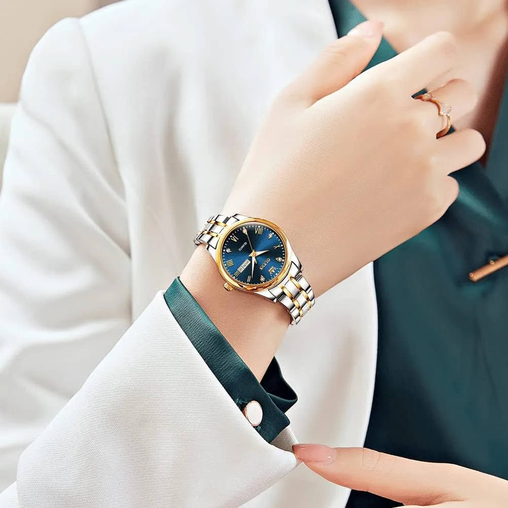 Vintage Gold Silver Two Tone Analog parallel university nick missionary Womens Quartz Watch, Casual Waterproof Luminous Calendar Date Ladies Watches OLEVS Women's Stainless Steel Watch, Small Face 