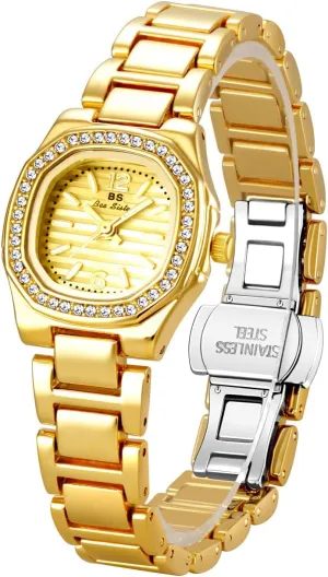 Vintage Small Two-Tone Gold Watch Dainty Crystal Accents Stainless Steel MASTOP regular scanty Square Womens Quartz Watch 