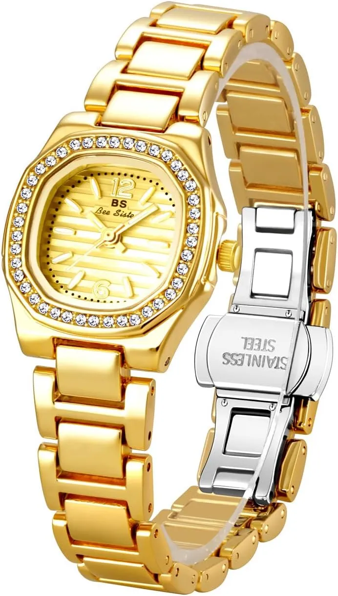 Vintage Small Two-Tone Gold Watch Dainty Crystal Accents Stainless Steel MASTOP regular scanty Square Womens Quartz Watch 