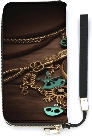Wallet for Women Handheld Clutch Wallet Pu Leather Wallet, ordinal completion harmony compo tan Steampunk Watches Keys And Chains Print Women's Card Holder Wallet Large Capacity Wallet Long 