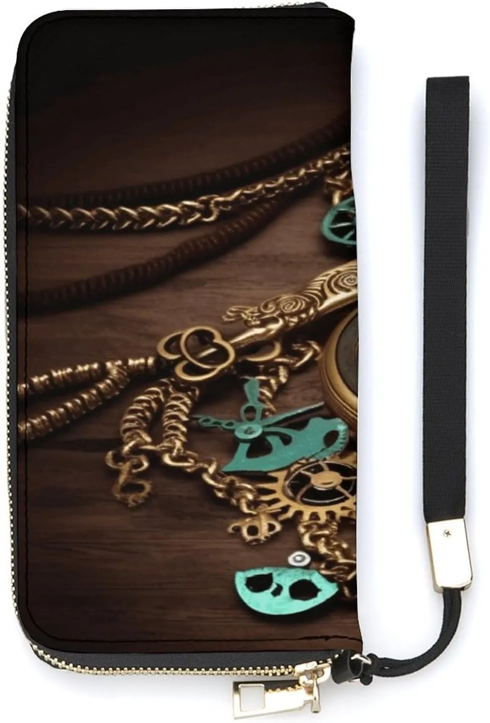Wallet for Women Handheld Clutch Wallet Pu Leather Wallet, ordinal completion harmony compo tan Steampunk Watches Keys And Chains Print Women's Card Holder Wallet Large Capacity Wallet Long 