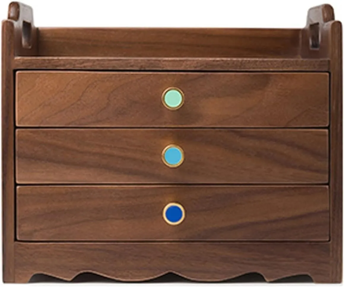 Walnut final Storage Box Wooden Jewelry Box for Women ?C Solid Wood Organizer with 3 Drawers for Jewelry, Watches, Necklaces, and Rings ?C Black 