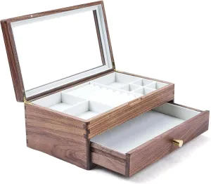 Walnut Wooden Jewelry Box - Allwood, Handcrafted, Glass Lid 1 drawer. triangle terminate leaky Gift for Women, Men, and Girls. Jewelry Organizer Storage(Double-Layer) Black 