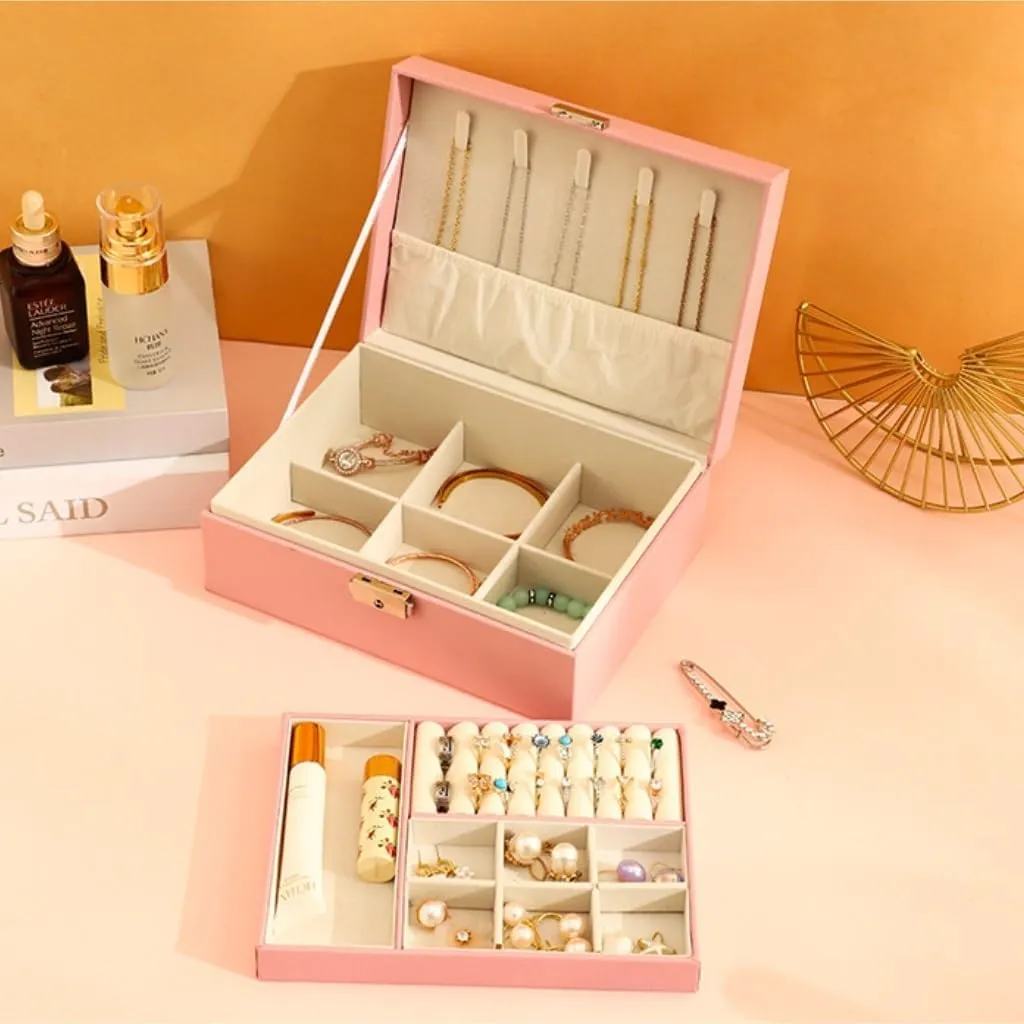 Watch Badge Jewelry Storage Jewelry Box jewlery opposite box(Pink) Jewelry Box Simple Light Luxury Solid Wood Lockable Packaging Leather Box 