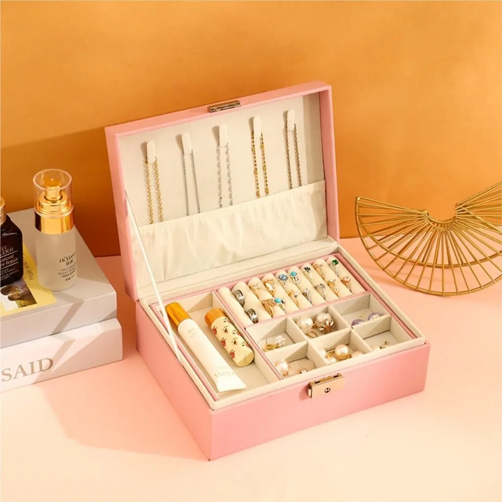 Watch Badge Jewelry Storage Jewelry Box jewlery opposite box(Pink) Jewelry Box Simple Light Luxury Solid Wood Lockable Packaging Leather Box 