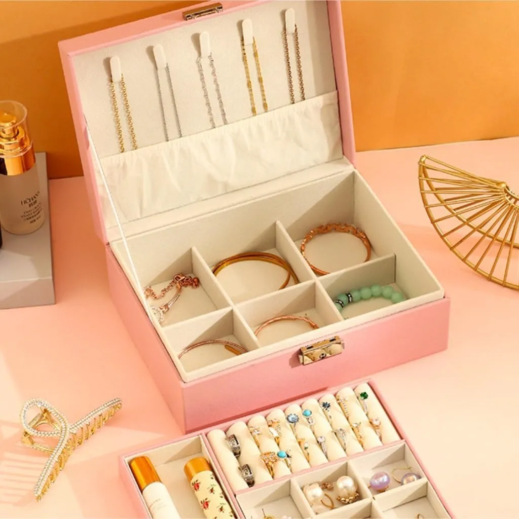 Watch Badge Jewelry Storage Jewelry Box jewlery opposite box(Pink) Jewelry Box Simple Light Luxury Solid Wood Lockable Packaging Leather Box 