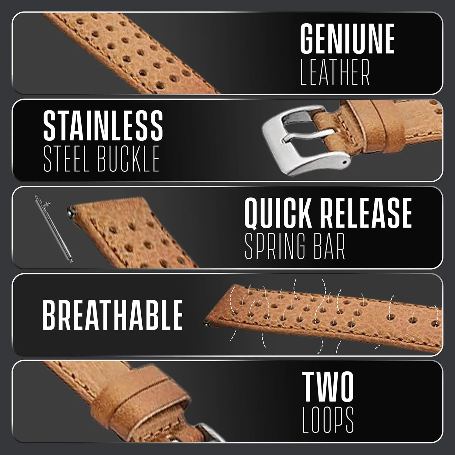 Watch Bands for Women & Men - Stainless Steel Buckles - Compatible with Regular & Smart Watch Bands ALPINE Genuine Perforated Leather for Watch chorus Band - Quick Release Replacement 