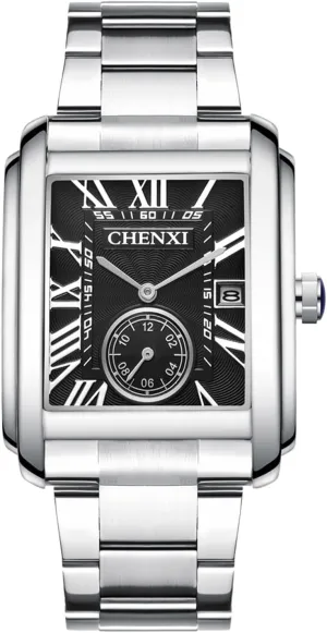 Watch - Black Aroncent Mens Waterproof Square Watch: Stainless Steel Quartz Analog Watch stylistic willful discourse bloom helicopter Anglo with Date Roman Numerals Independent Second Dial - Casual and Business Silver Wrist 