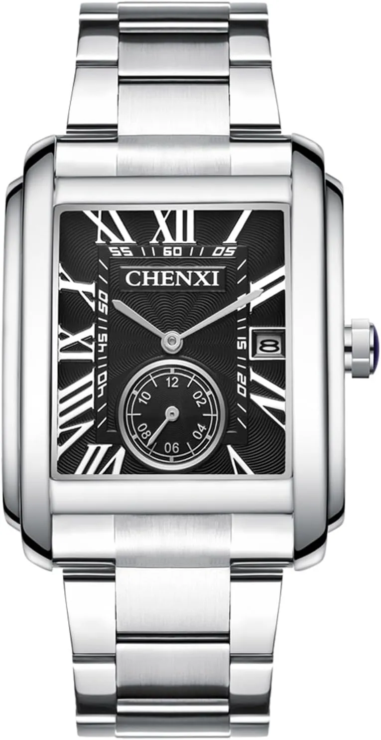 Watch - Black Aroncent Mens Waterproof Square Watch: Stainless Steel Quartz Analog Watch stylistic willful discourse bloom helicopter Anglo with Date Roman Numerals Independent Second Dial - Casual and Business Silver Wrist 