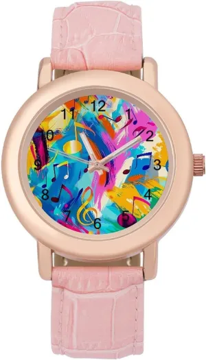 Watch broad Gift for Ladies Vibrant Musical Notes Symbols Wrist Watches for Women Pink Leather Band Watch Fashion Three-Hand 