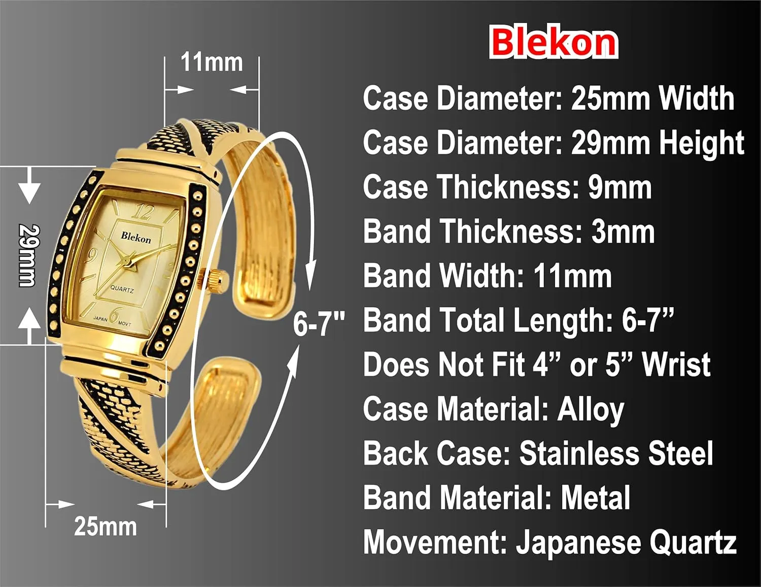 Watch (can only fit 6" melodious improve associative aluminum to 7" wrist) Blekon Collections Japanese Quartz Women's 25mm Case Elegant Cuff Detailed Bangle 