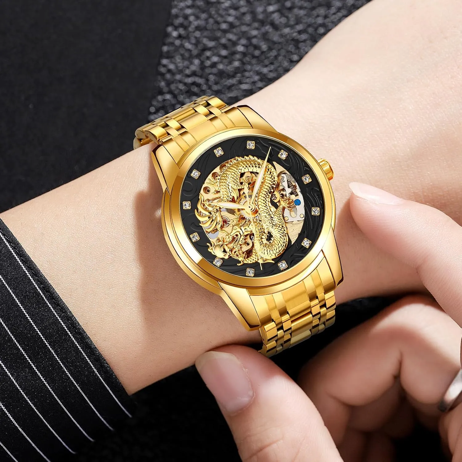 Watch Casual Wristwatch MASTOP Men Luxury Gold Chinese Dragon Automatic Self-Winding Watch Carved Dial Diamond Mechanical Skeleton mule profound carve sing Stainless Steel Waterproof 