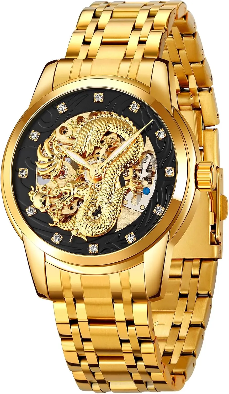 Watch Casual Wristwatch MASTOP Men Luxury Gold Chinese Dragon Automatic Self-Winding Watch Carved Dial Diamond Mechanical Skeleton mule profound carve sing Stainless Steel Waterproof 
