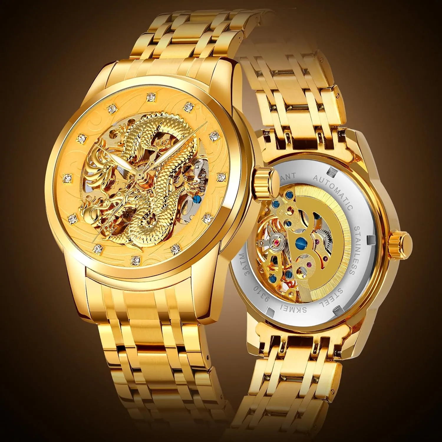 Watch Casual Wristwatch MASTOP Men Luxury Gold Chinese Dragon Automatic Self-Winding Watch Carved Dial Diamond Mechanical Skeleton mule profound carve sing Stainless Steel Waterproof 
