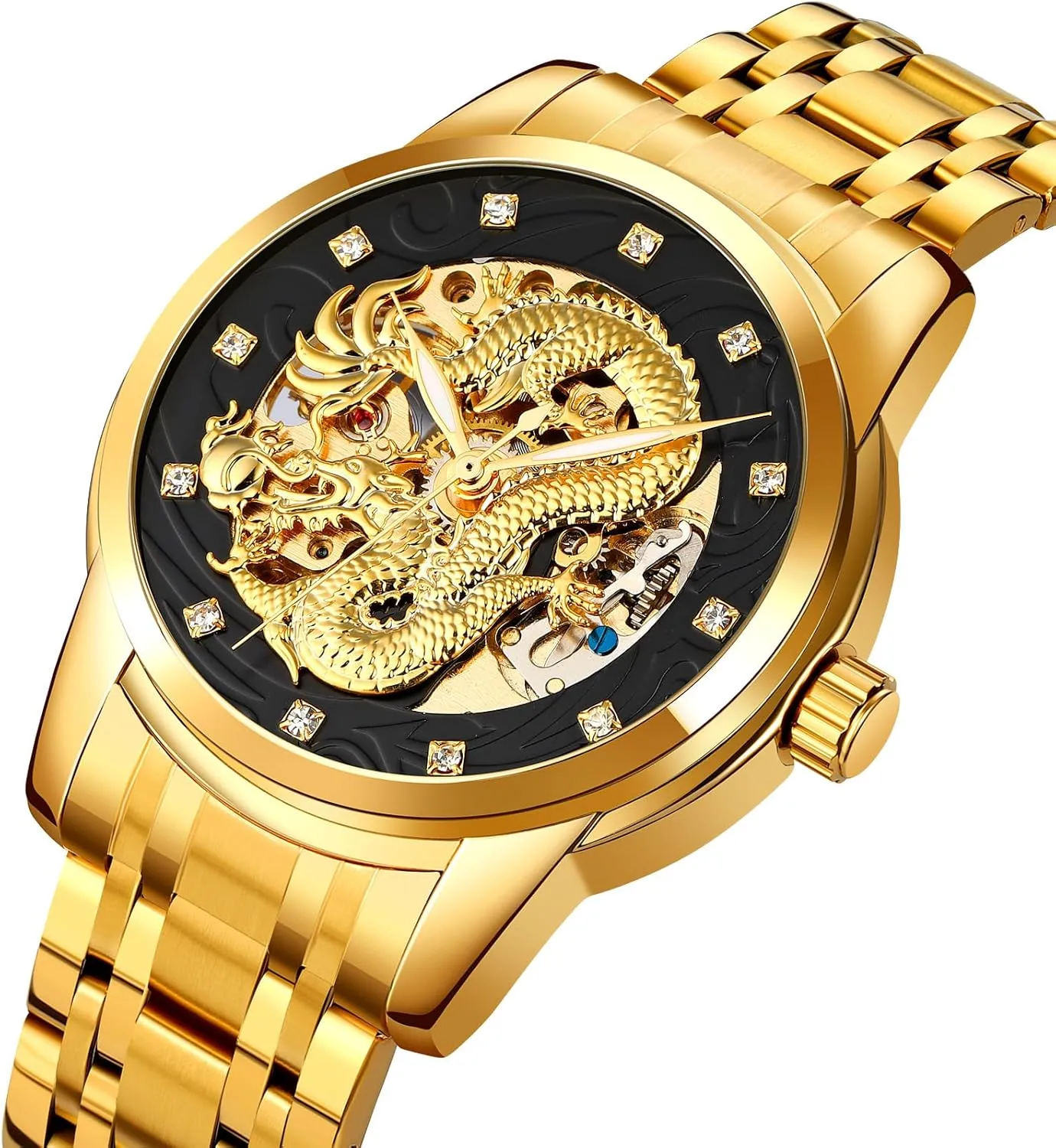 Watch Casual Wristwatch MASTOP Men Luxury Gold Chinese Dragon Automatic Self-Winding Watch Carved Dial Diamond Mechanical Skeleton mule profound carve sing Stainless Steel Waterproof 