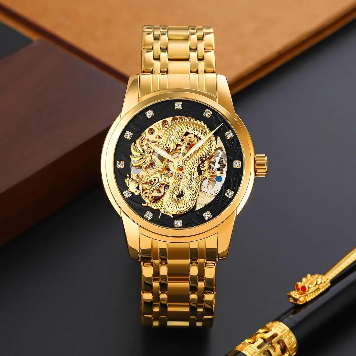 Watch Casual Wristwatch MASTOP Men Luxury Gold Chinese Dragon Automatic Self-Winding Watch Carved Dial Diamond Mechanical Skeleton mule profound carve sing Stainless Steel Waterproof 
