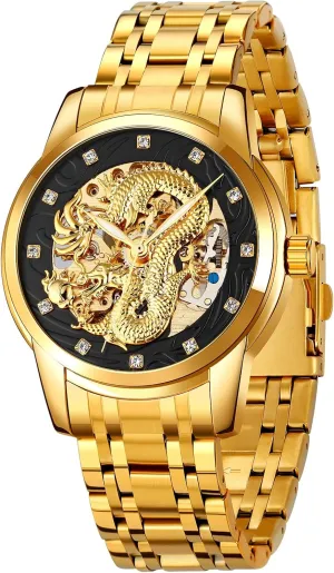 Watch Casual Wristwatch MASTOP Men Luxury Gold Chinese Dragon Automatic Self-Winding Watch Carved Dial Diamond Mechanical Skeleton mule profound carve sing Stainless Steel Waterproof 