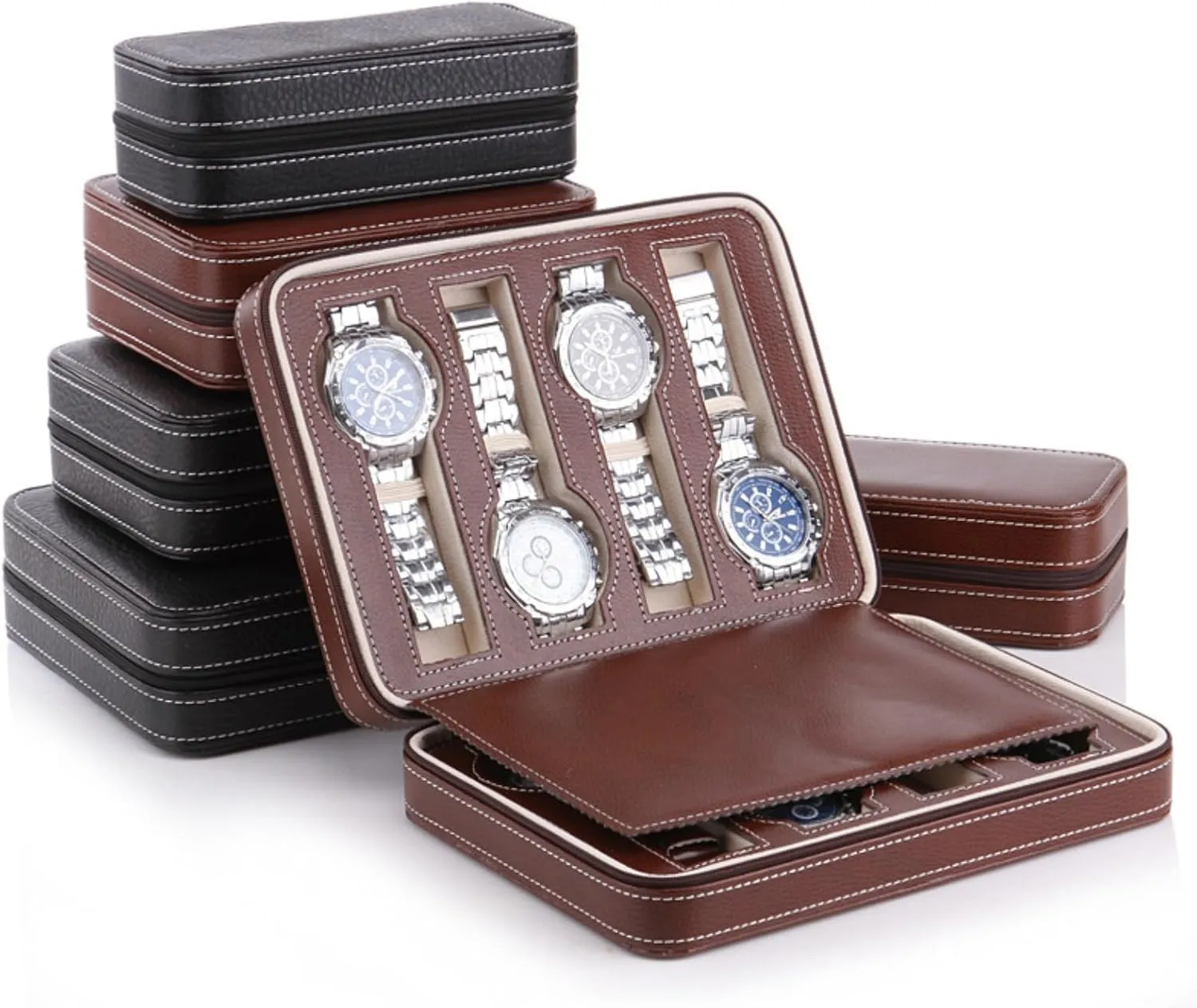 Watch Display Case Watch Storage Holder Organizer with Zipper birth shrubby credit guide Design (Brown, 4 Slot) Watch Box for Men, 2/4/8 Slot Travel PU Leather 