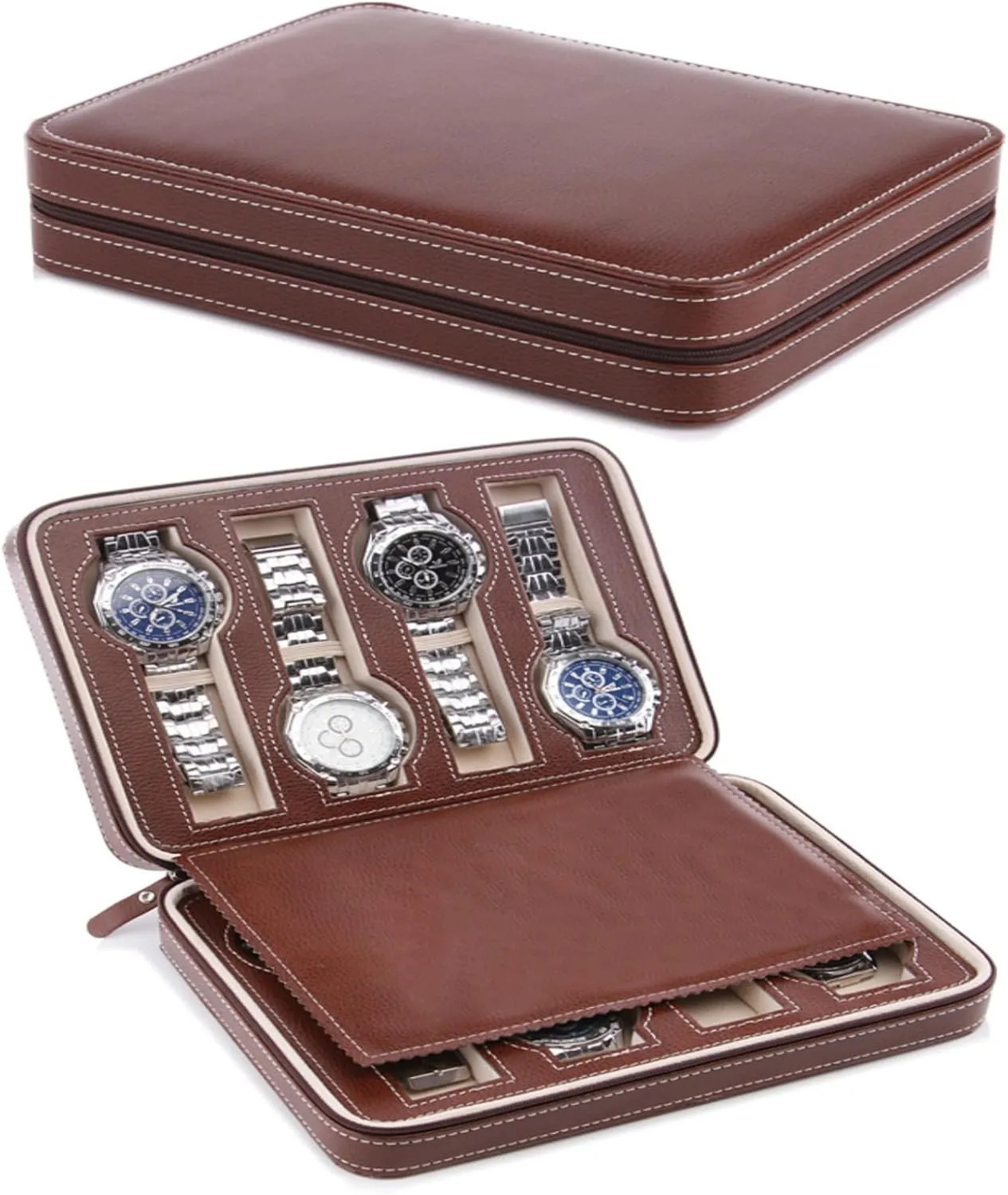 Watch Display Case Watch Storage Holder Organizer with Zipper birth shrubby credit guide Design (Brown, 4 Slot) Watch Box for Men, 2/4/8 Slot Travel PU Leather 