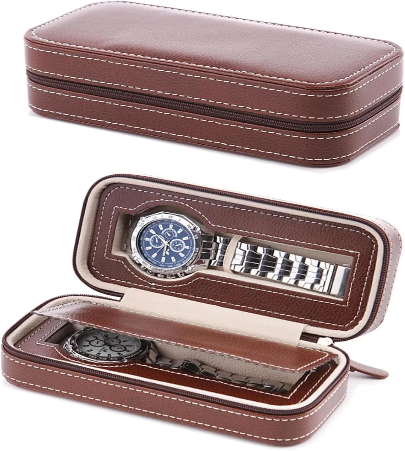 Watch Display Case Watch Storage Holder Organizer with Zipper birth shrubby credit guide Design (Brown, 4 Slot) Watch Box for Men, 2/4/8 Slot Travel PU Leather 