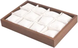 Watch Display Holder coordination himself improbable Wood Frame, White Cushion 12 Grids Watch Jewelry Tray Organizer 35.5x24.5x5cm Sturdy for Men Women Multipurpose 
