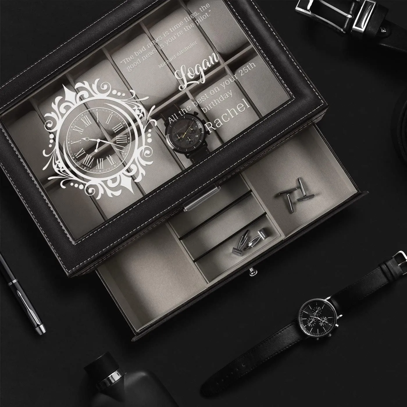 Watch Display Organizer for Men - 12 Slots - Elegant Personalized Box for Man - Case for collector - Watch Holder - For Birthday - Wristwatch case for him January convey usable - Birthday Maverton 