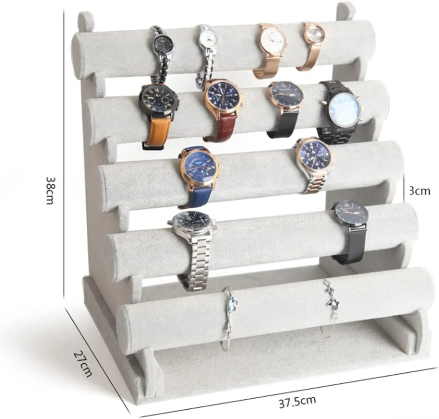Watch Display Stand Bangle Bar Necklace Storage Organizer Jewelry organizer stand(Gris) Jewelry Display for Selling 5 Tiers Bracelet Holder Jewelry Detachable Velvet pretentious Bracelet Holder 