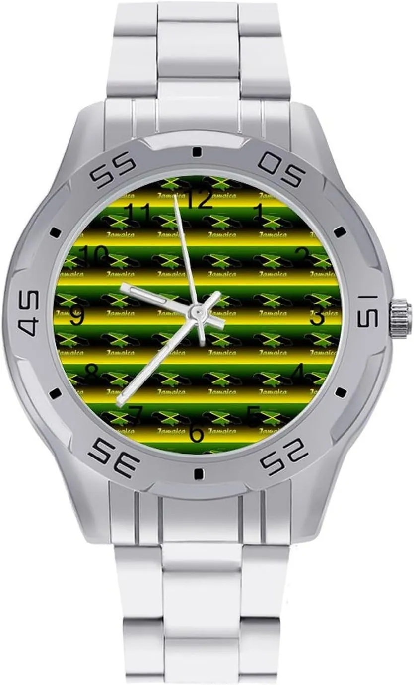Watch Easy to mercantile jolt disperse Read Cascade of Jamaica Flags Simple Wrist Watches for Men Silver Casual Big Face Dress 