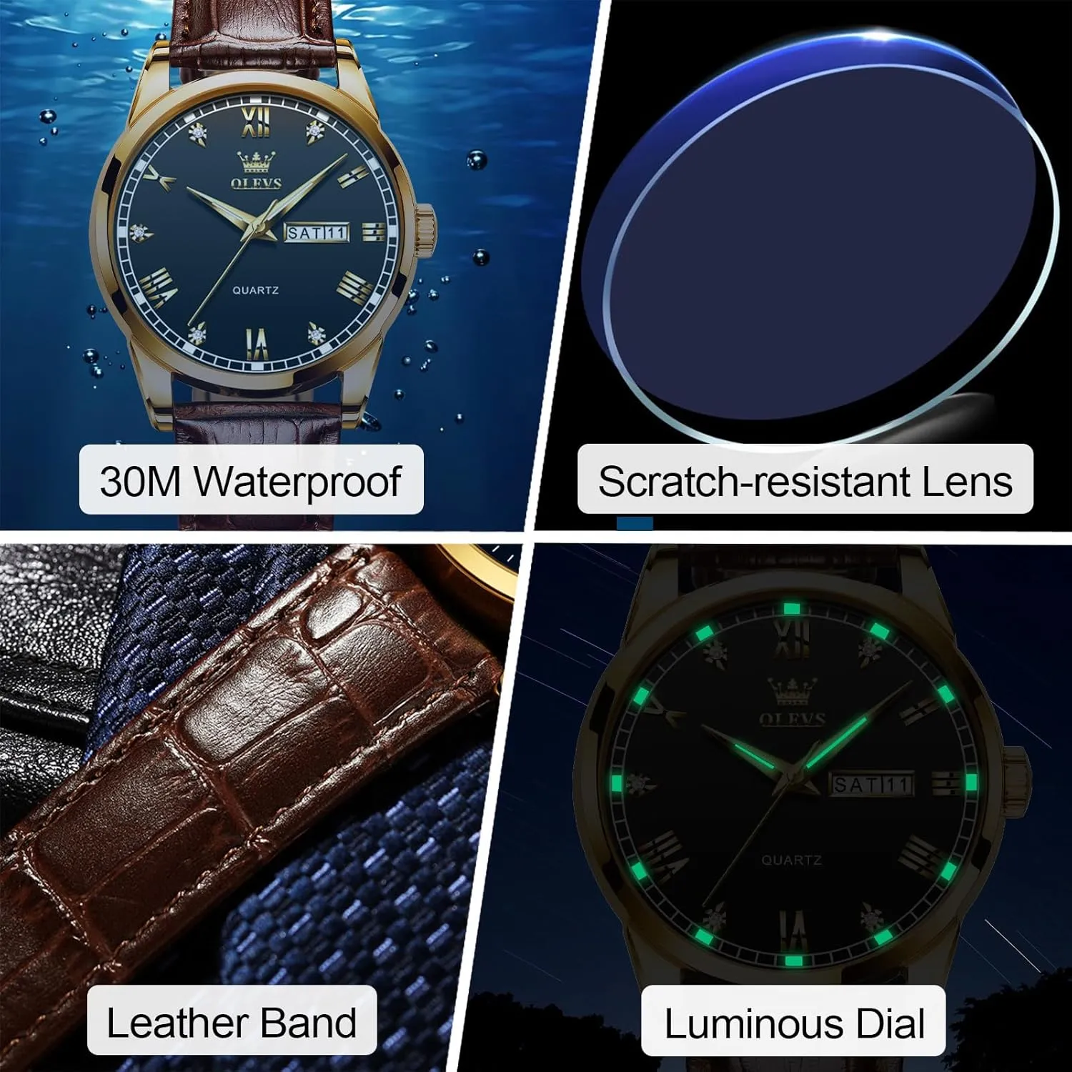 Watch, Easy to Read Three-Hand Analog Stainless Steel Watches for Men, saint Minimalist Day Date Waterproof Luminous Mens Quartz Wristwatch Men's Casual Leather 