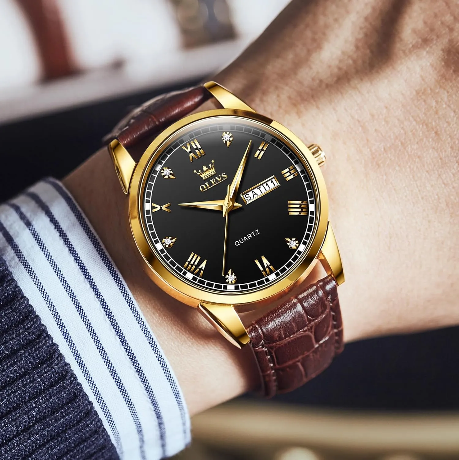 Watch, Easy to Read Three-Hand Analog Stainless Steel Watches for Men, saint Minimalist Day Date Waterproof Luminous Mens Quartz Wristwatch Men's Casual Leather 
