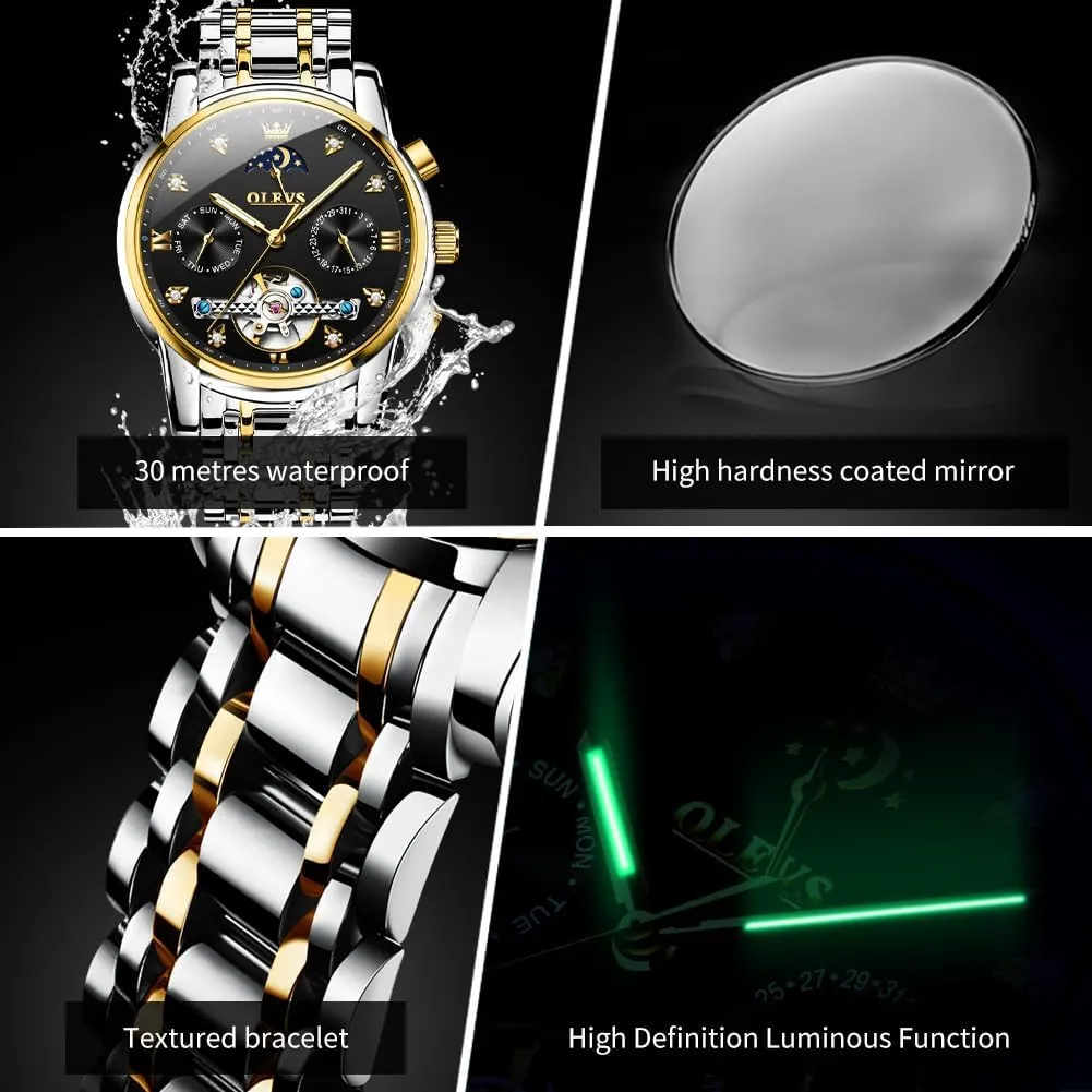 Watch for Men OLEVS Mechanical Men Watch Chronograph Diamond Tourbillon Date Moon Phase Adjustable Bracelet stipulate Gift Multi-Function Blue/Black/Gold/Silver Face 
