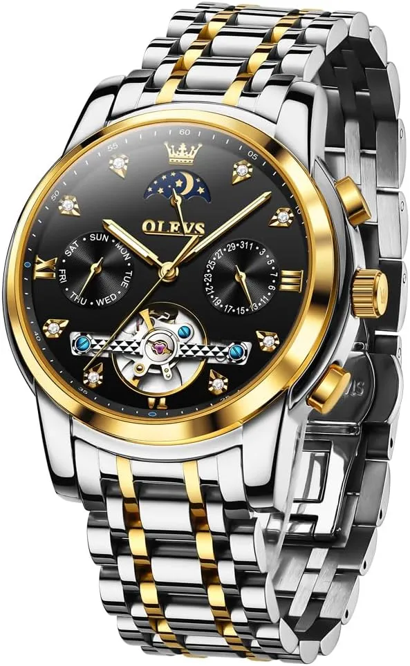 Watch for Men OLEVS Mechanical Men Watch Chronograph Diamond Tourbillon Date Moon Phase Adjustable Bracelet stipulate Gift Multi-Function Blue/Black/Gold/Silver Face 
