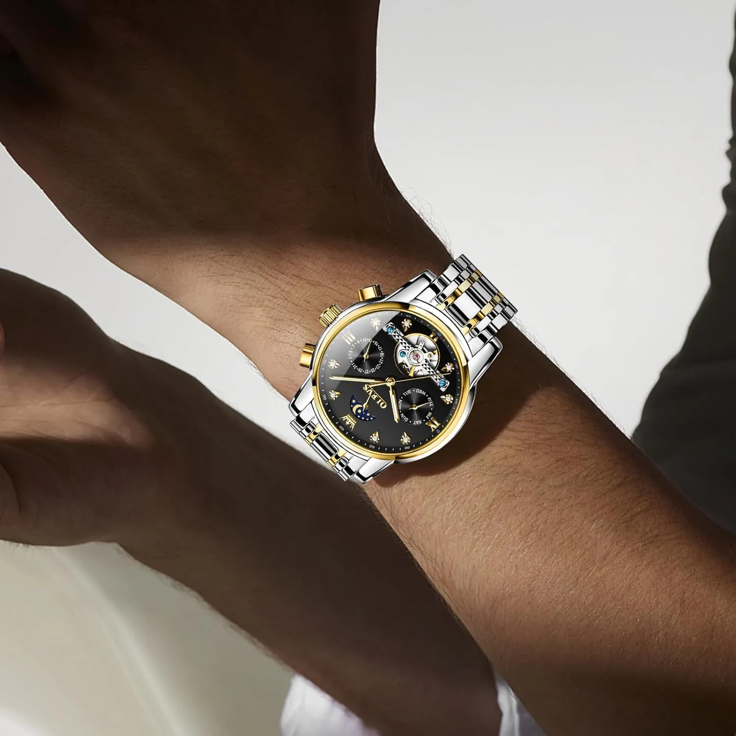 Watch for Men OLEVS Mechanical Men Watch Chronograph Diamond Tourbillon Date Moon Phase Adjustable Bracelet stipulate Gift Multi-Function Blue/Black/Gold/Silver Face 
