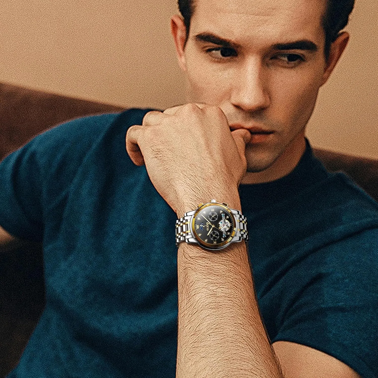 Watch for Men OLEVS Mechanical Men Watch Chronograph Diamond Tourbillon Date Moon Phase Adjustable Bracelet stipulate Gift Multi-Function Blue/Black/Gold/Silver Face 