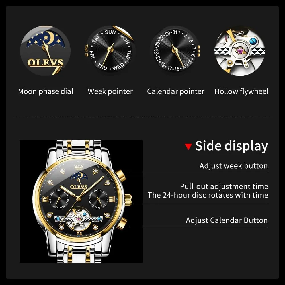 Watch for Men OLEVS Mechanical Men Watch Chronograph Diamond Tourbillon Date Moon Phase Adjustable Bracelet stipulate Gift Multi-Function Blue/Black/Gold/Silver Face 