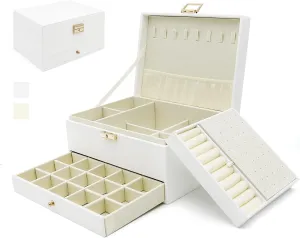 Watch, Ideal Gift (White) Jewelry Organizer Box, Jewelry Box melange Organizers for Women Girls, Jewellery Display Holder, 3 Layers Large Leather Jewels Storage Case for Earring, Rings, Necklaces, Bracelets, 