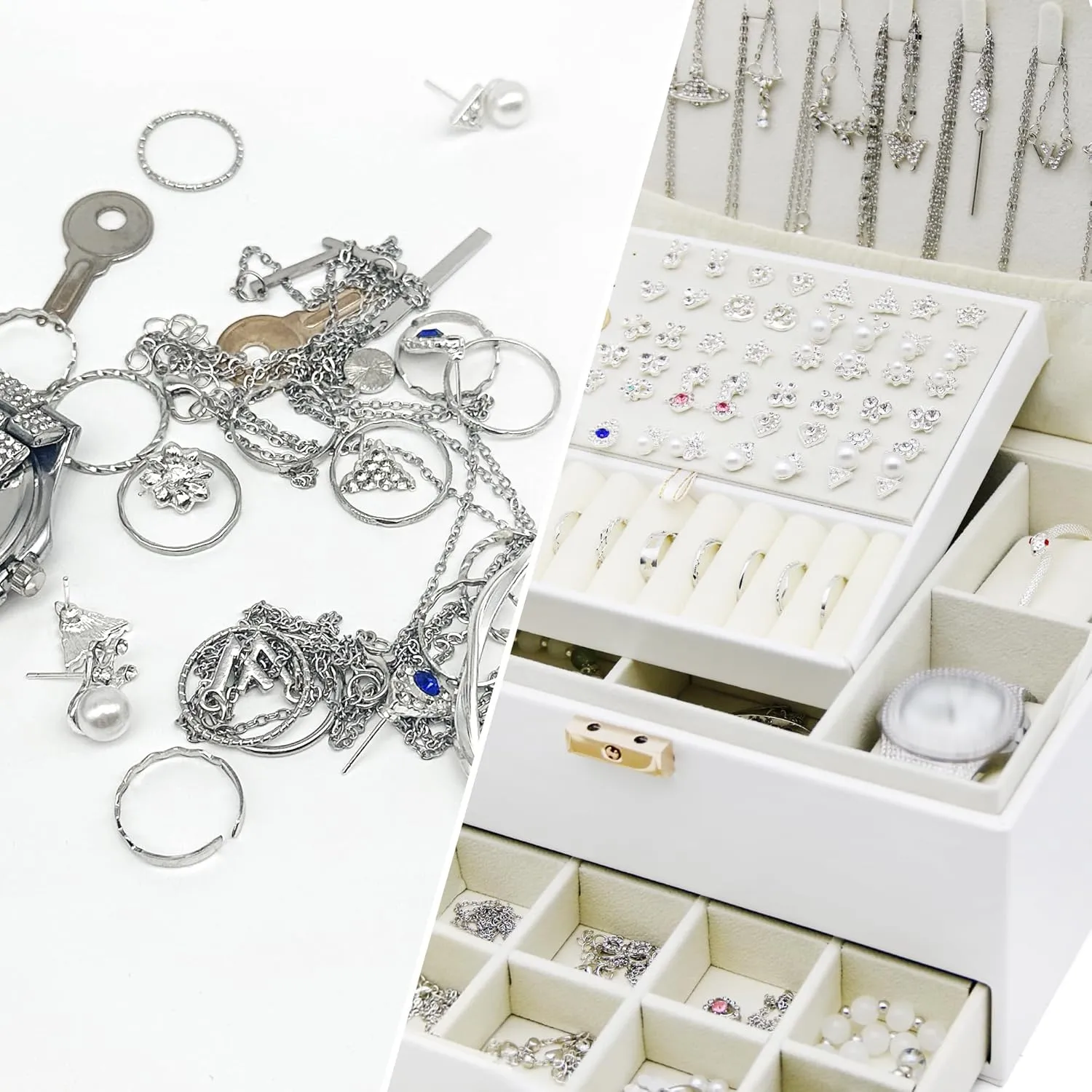 Watch, Ideal Gift (White) Jewelry Organizer Box, Jewelry Box melange Organizers for Women Girls, Jewellery Display Holder, 3 Layers Large Leather Jewels Storage Case for Earring, Rings, Necklaces, Bracelets, 