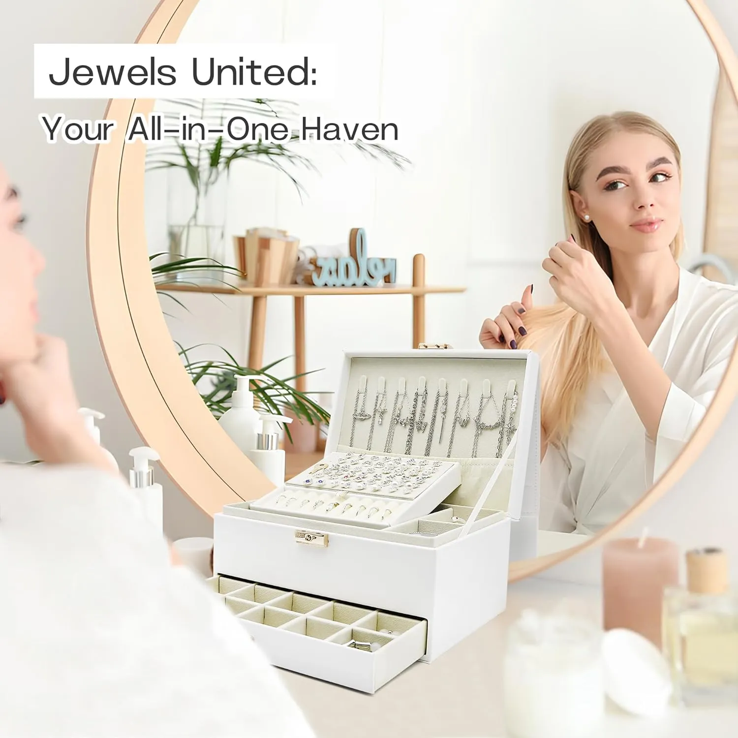 Watch, Ideal Gift (White) Jewelry Organizer Box, Jewelry Box melange Organizers for Women Girls, Jewellery Display Holder, 3 Layers Large Leather Jewels Storage Case for Earring, Rings, Necklaces, Bracelets, 