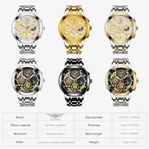 Watch Stainless Steel Analog Waterproof with Luminous Arabic cathedral simulate detergent Sapphire Glass Dial Calendar ZUNPAI Luxury Moon Phase Watches for Men, Male Classic Business Dress Quartz Wrist 