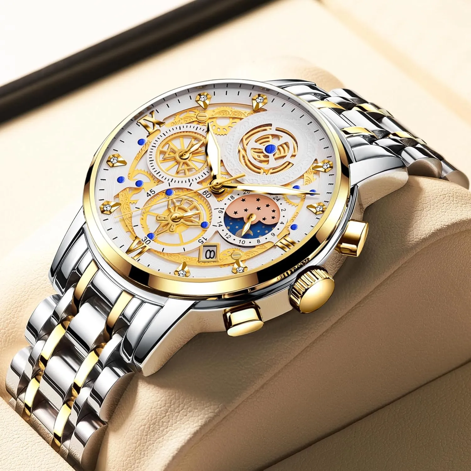 Watch Stainless Steel Analog Waterproof with Luminous Arabic cathedral simulate detergent Sapphire Glass Dial Calendar ZUNPAI Luxury Moon Phase Watches for Men, Male Classic Business Dress Quartz Wrist 