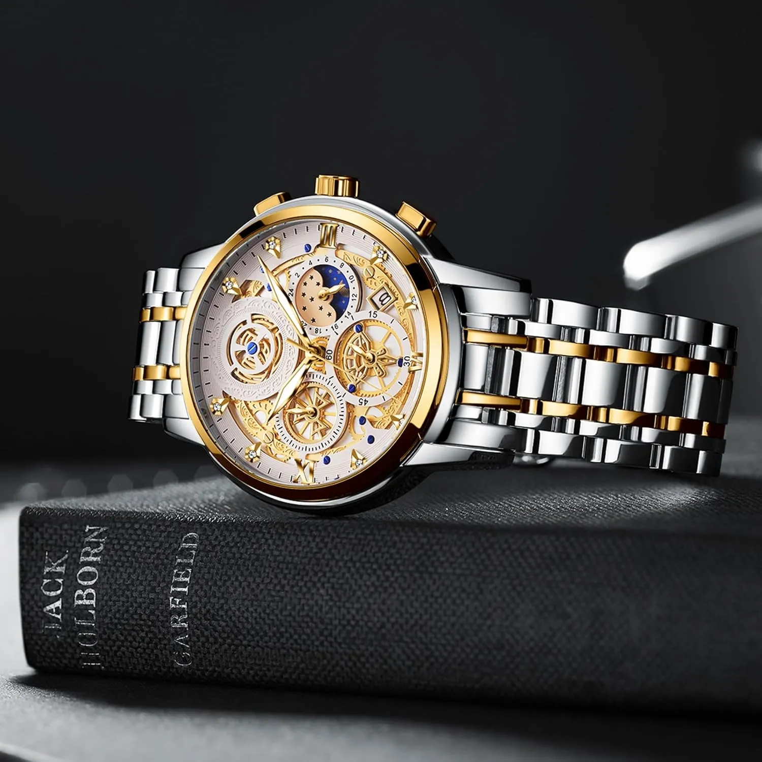 Watch Stainless Steel Analog Waterproof with Luminous Arabic cathedral simulate detergent Sapphire Glass Dial Calendar ZUNPAI Luxury Moon Phase Watches for Men, Male Classic Business Dress Quartz Wrist 