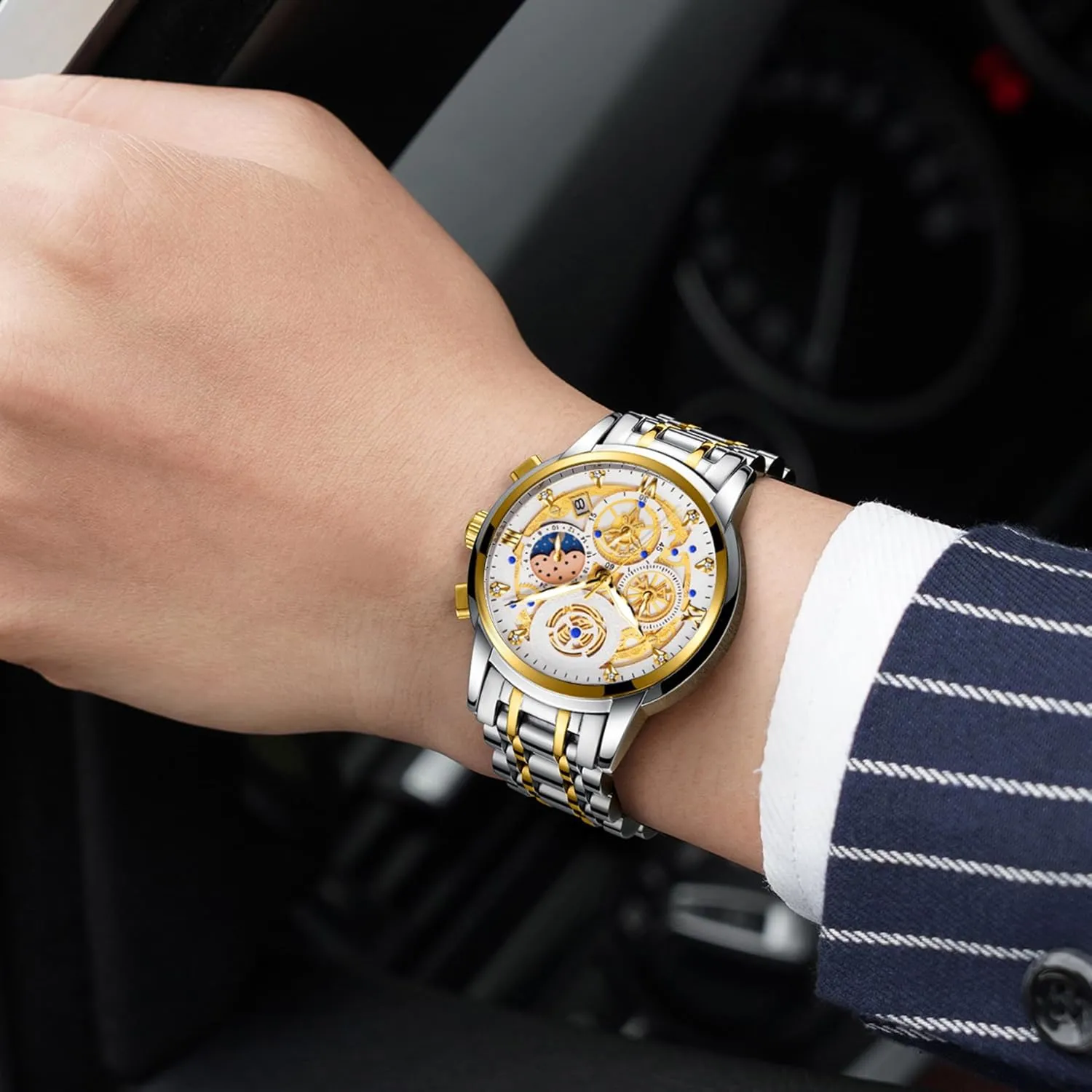 Watch Stainless Steel Analog Waterproof with Luminous Arabic cathedral simulate detergent Sapphire Glass Dial Calendar ZUNPAI Luxury Moon Phase Watches for Men, Male Classic Business Dress Quartz Wrist 