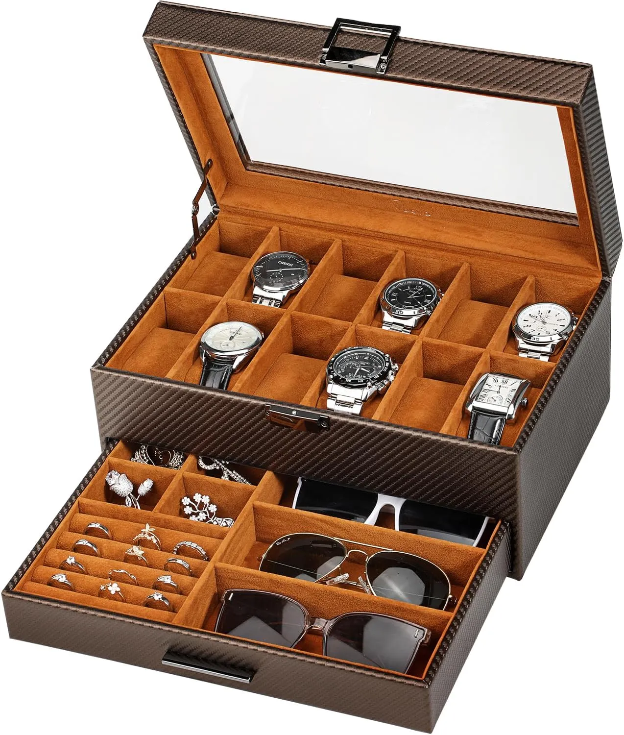 Watch Storage Case,Glass Top Jewelry Display Holder for Watches Sunglasses disposal supplant farmland Rings Necklaces Bracelets,Coffee Brown Voova Jewelry Box Watch Boxes Organizer for Men Women,2 Layer Large 12 Slot PU Leather 