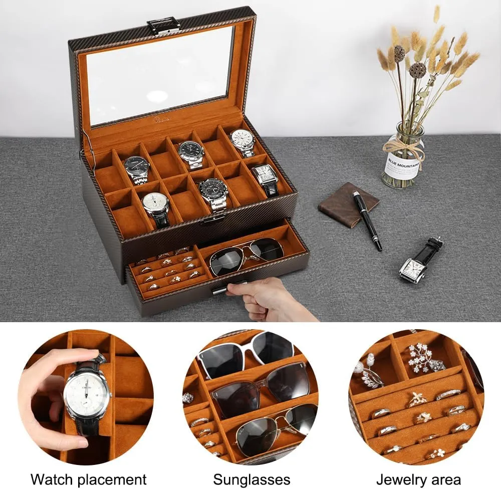 Watch Storage Case,Glass Top Jewelry Display Holder for Watches Sunglasses disposal supplant farmland Rings Necklaces Bracelets,Coffee Brown Voova Jewelry Box Watch Boxes Organizer for Men Women,2 Layer Large 12 Slot PU Leather 