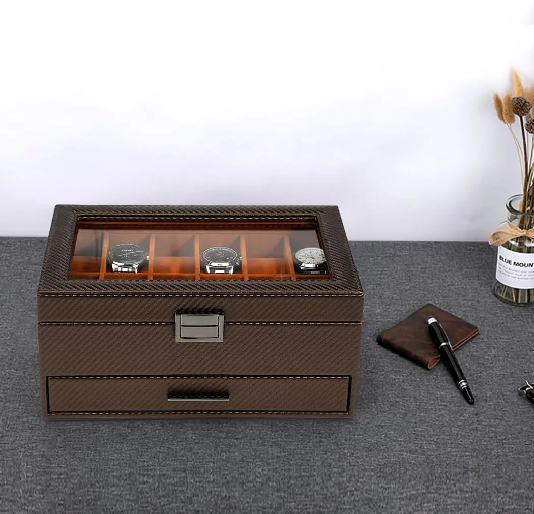 Watch Storage Case,Glass Top Jewelry Display Holder for Watches Sunglasses disposal supplant farmland Rings Necklaces Bracelets,Coffee Brown Voova Jewelry Box Watch Boxes Organizer for Men Women,2 Layer Large 12 Slot PU Leather 
