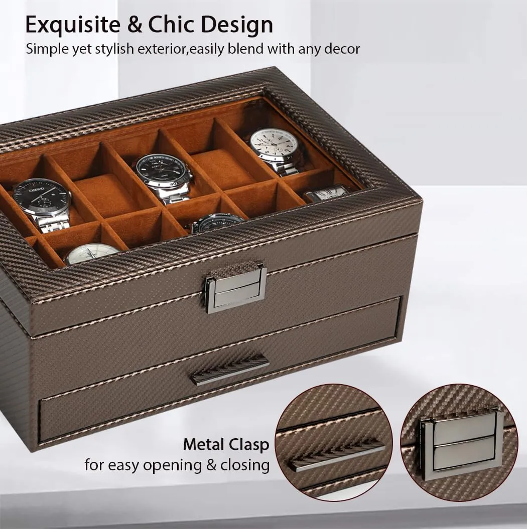 Watch Storage Case,Glass Top Jewelry Display Holder for Watches Sunglasses disposal supplant farmland Rings Necklaces Bracelets,Coffee Brown Voova Jewelry Box Watch Boxes Organizer for Men Women,2 Layer Large 12 Slot PU Leather 