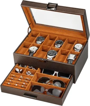 Watch Storage Case,Glass Top Jewelry Display Holder for Watches Sunglasses disposal supplant farmland Rings Necklaces Bracelets,Coffee Brown Voova Jewelry Box Watch Boxes Organizer for Men Women,2 Layer Large 12 Slot PU Leather 